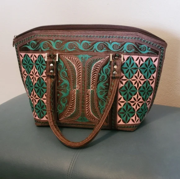 NWOT Banda Bags Tote Bag Brown, Pink and Green - Picture 3 of 8